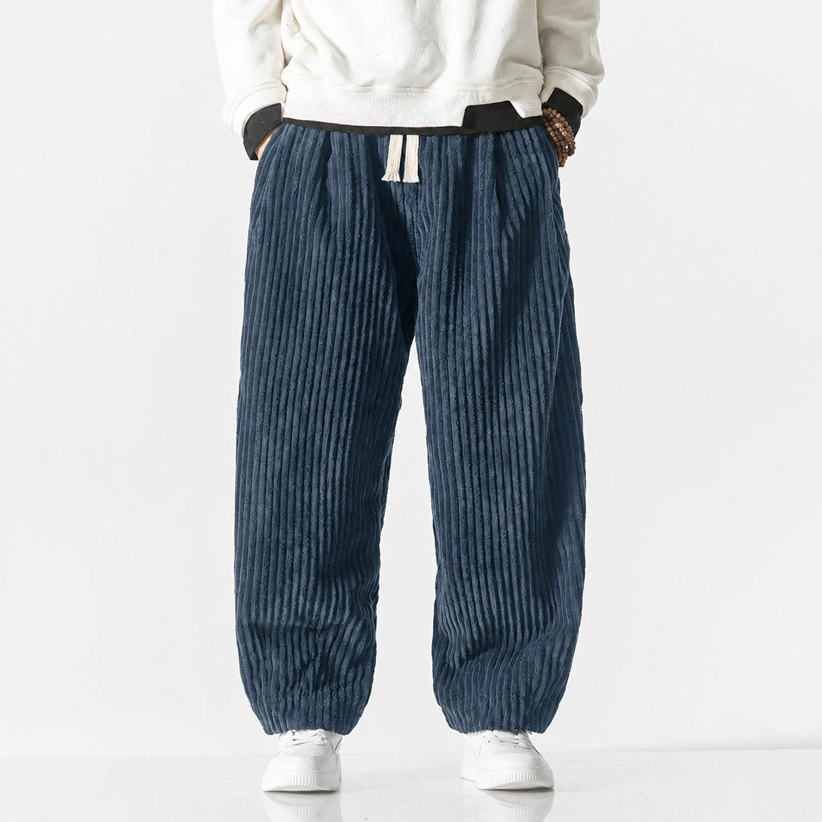 Charlie - Men's Corduroy Wide-Leg Harem Pants with Drawstring Waist - Trousers - Dark Blue - Parker&Brooks