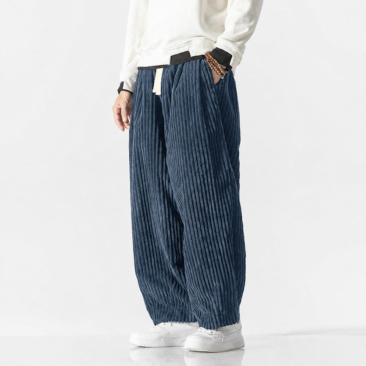 Charlie - Men's Corduroy Wide-Leg Harem Pants with Drawstring Waist - Trousers - Dark Blue - Parker&Brooks