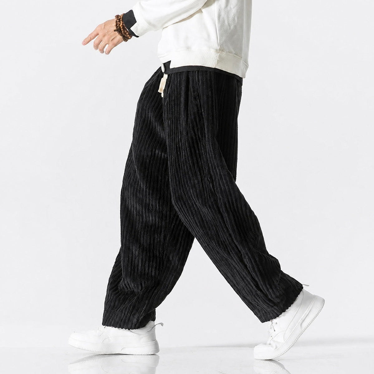 Charlie - Men's Corduroy Wide-Leg Harem Pants with Drawstring Waist - Trousers - Black - Parker&Brooks