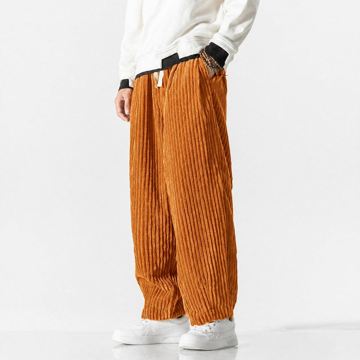 Charlie - Men's Corduroy Wide-Leg Harem Pants with Drawstring Waist - Trousers - Orange - Parker&Brooks