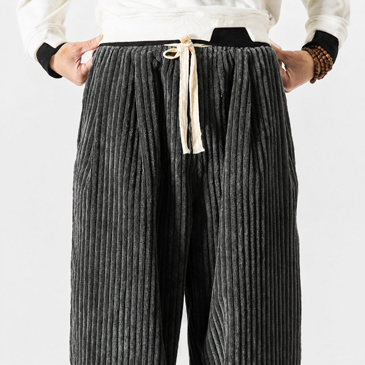 Charlie - Men's Corduroy Wide-Leg Harem Pants with Drawstring Waist - Trousers - Gray - Parker&Brooks