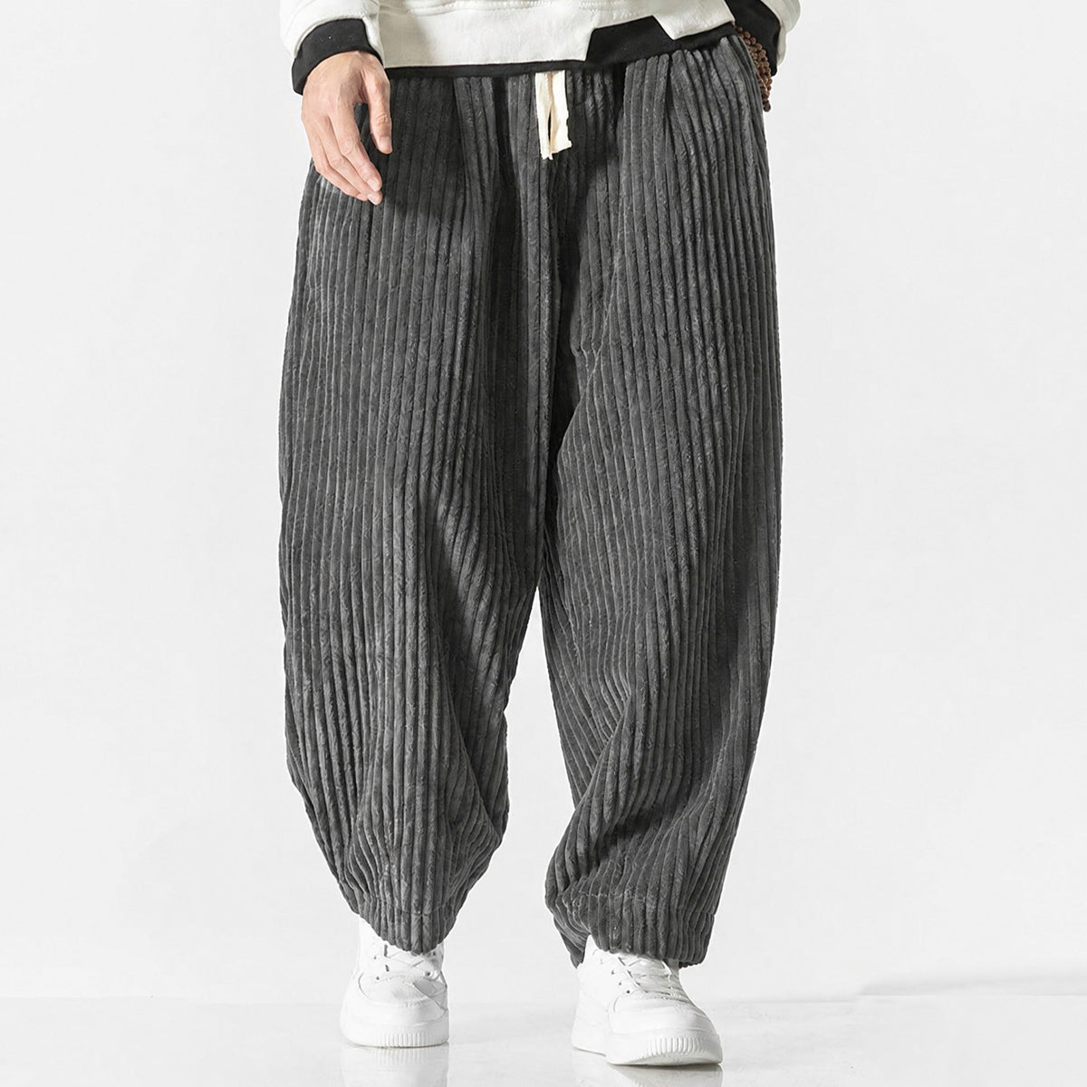 Charlie - Men's Corduroy Wide-Leg Harem Pants with Drawstring Waist - Trousers - Gray - Parker&Brooks