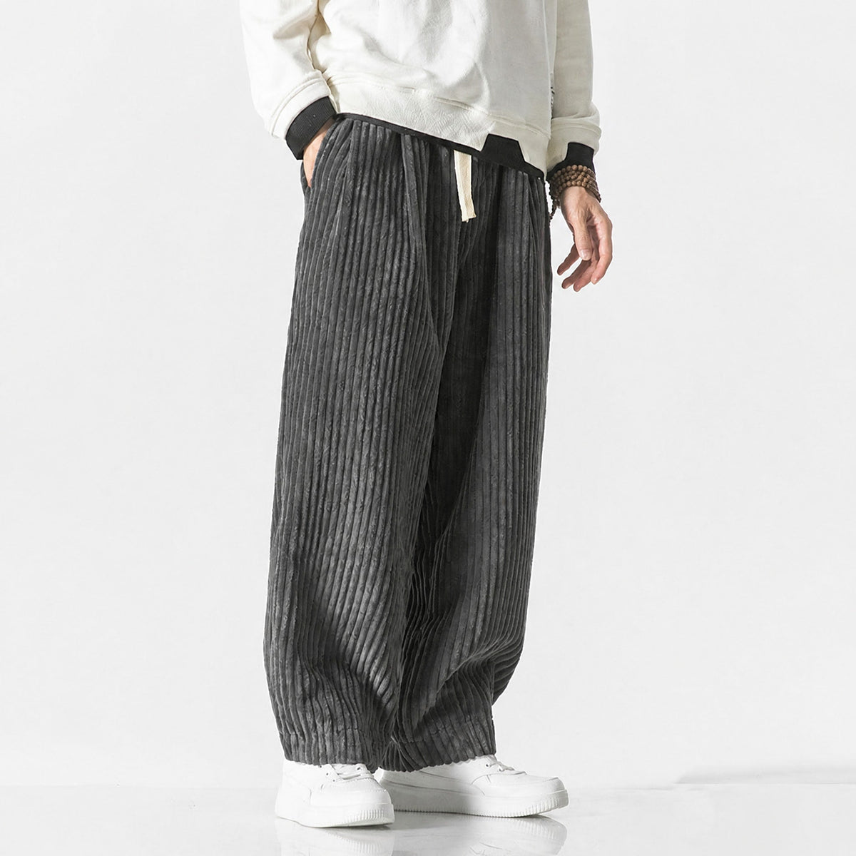 Charlie - Men's Corduroy Wide-Leg Harem Pants with Drawstring Waist - Trousers - Gray - Parker&Brooks