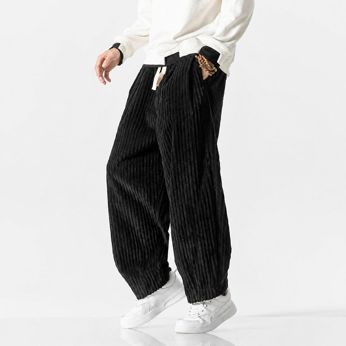 Charlie - Men's Corduroy Wide-Leg Harem Pants with Drawstring Waist - Trousers - Black - Parker&Brooks