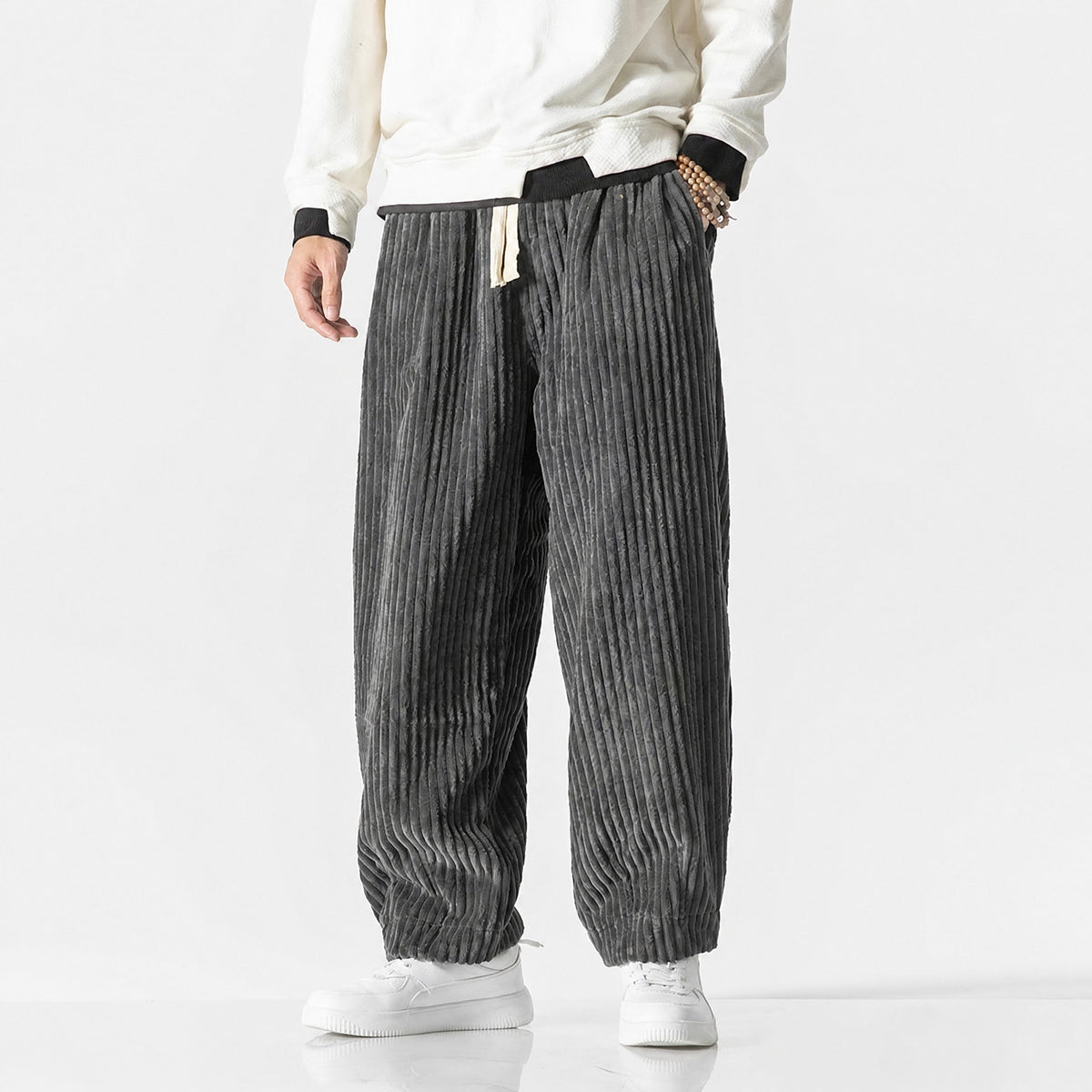 Charlie - Men's Corduroy Wide-Leg Harem Pants with Drawstring Waist - Trousers - Gray - Parker&Brooks