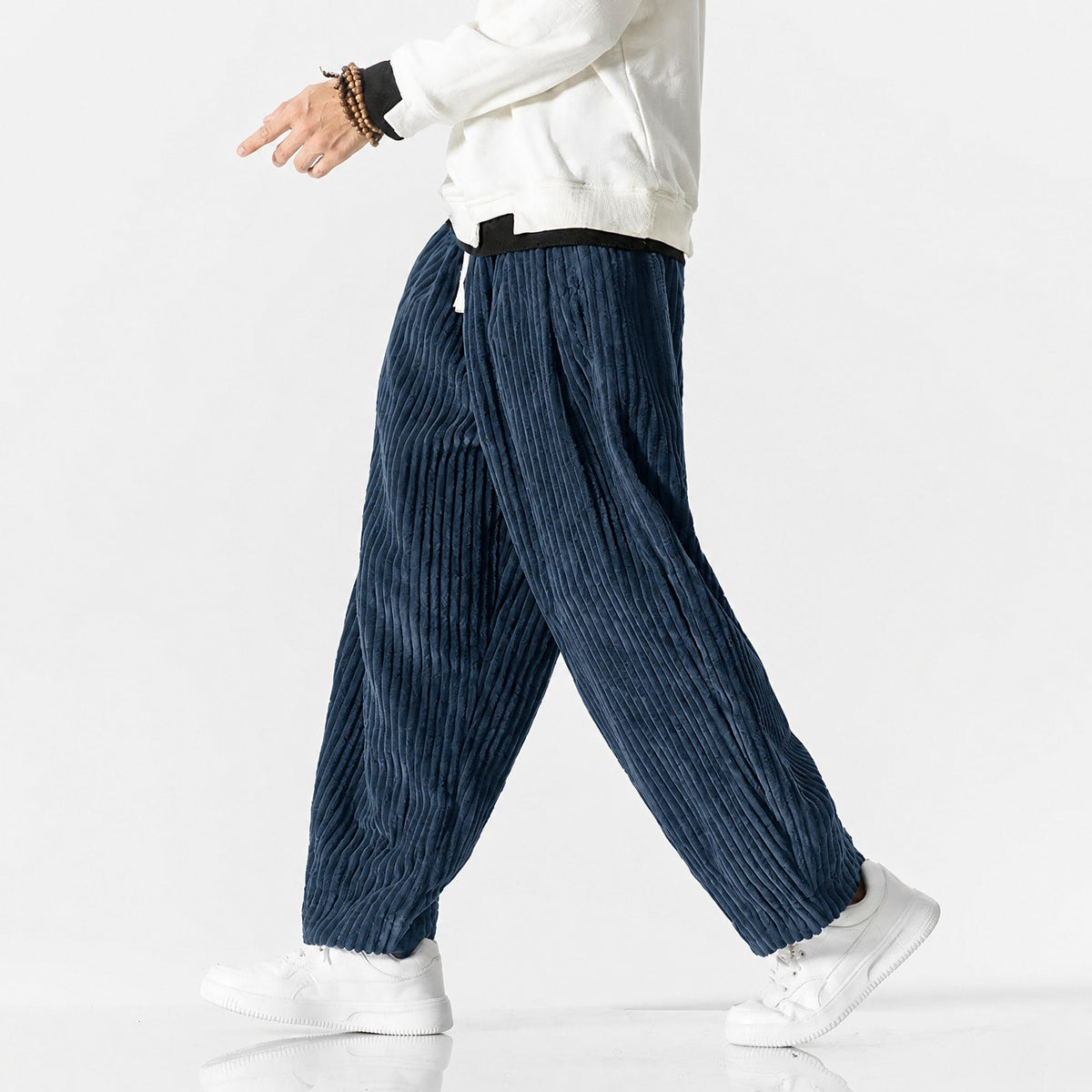 Charlie - Men's Corduroy Wide-Leg Harem Pants with Drawstring Waist - Trousers - Dark Blue - Parker&Brooks