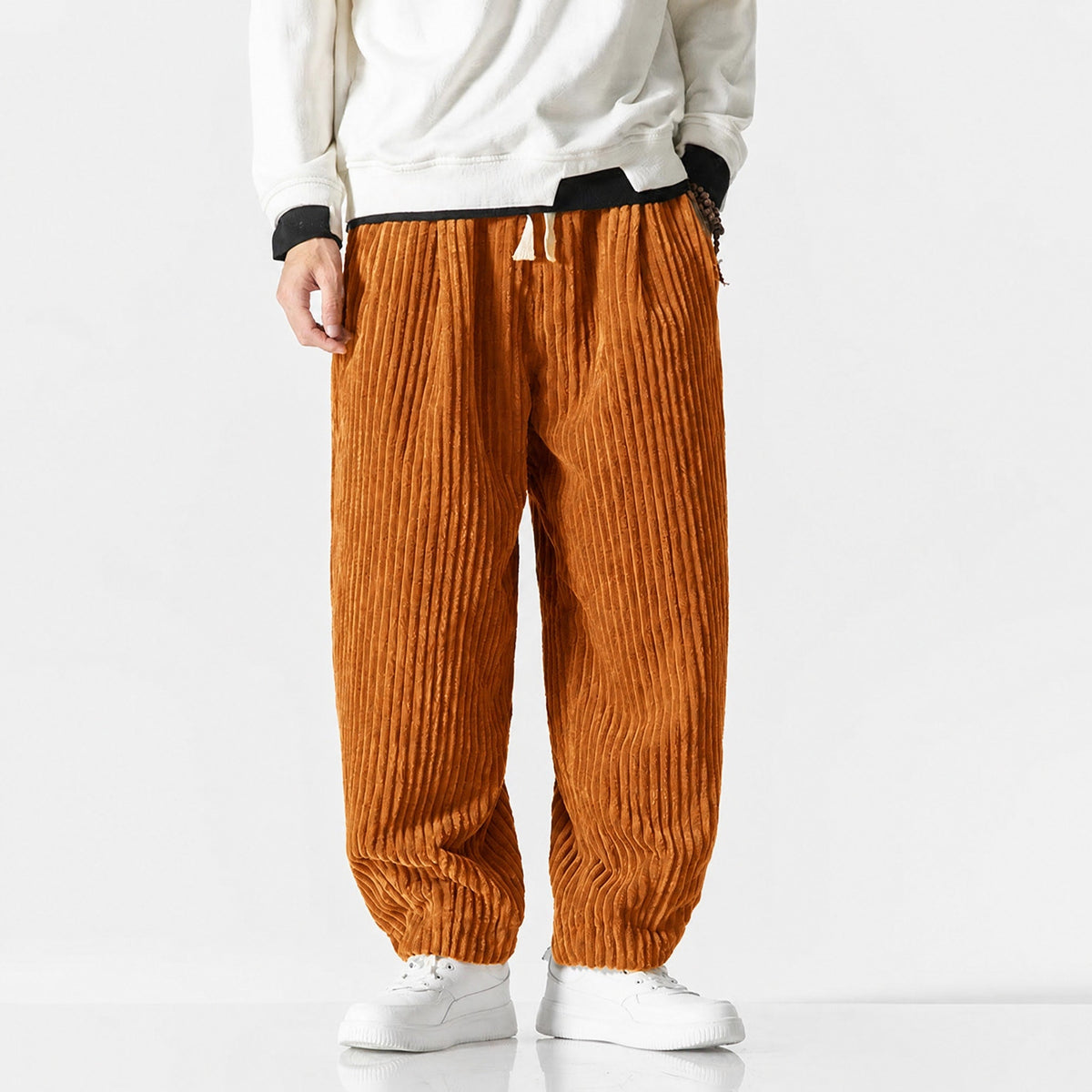 Charlie - Men's Corduroy Wide-Leg Harem Pants with Drawstring Waist - Trousers - Orange - Parker&Brooks