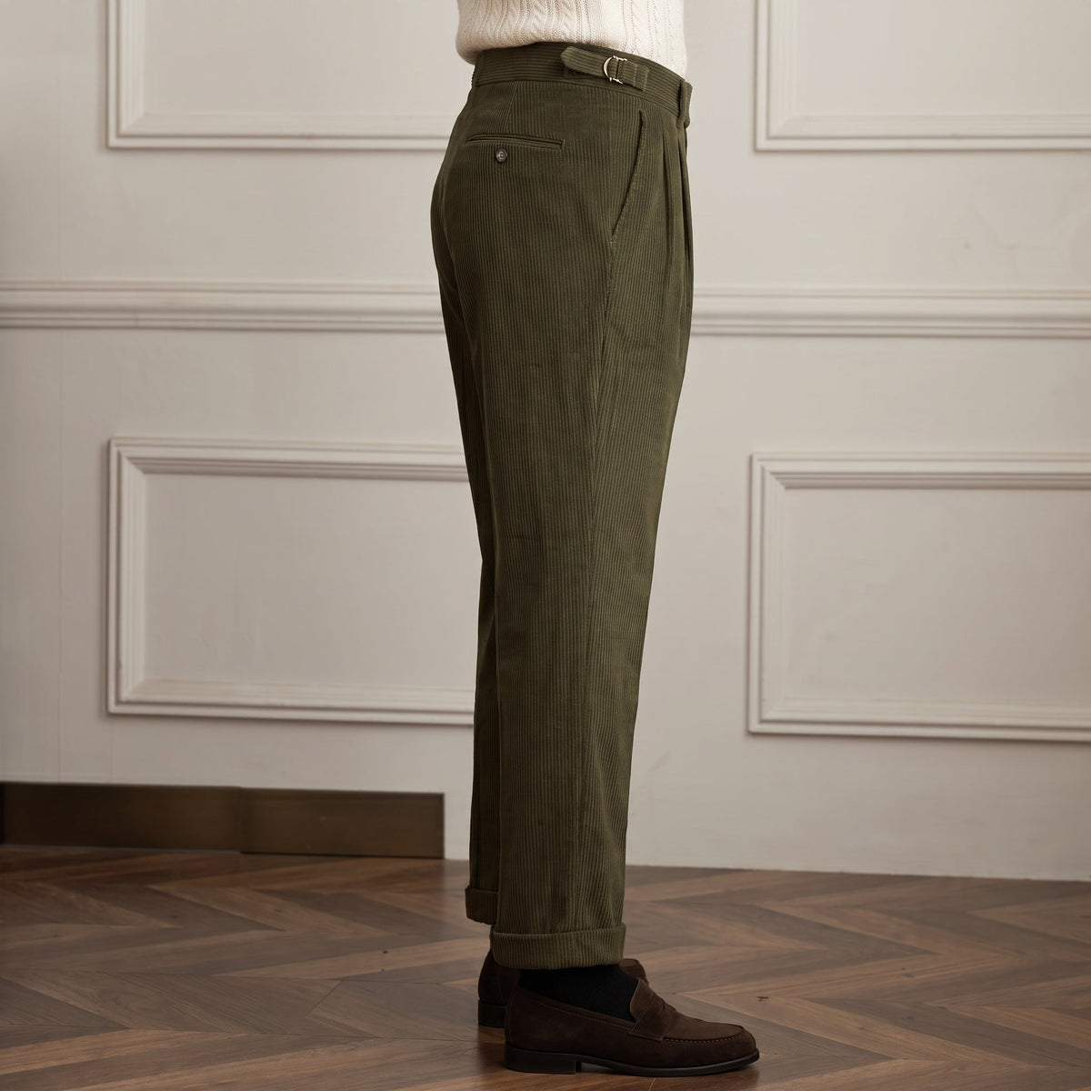 Charlie - Men's High-Waisted Ribbed Texture Trousers - Trousers - Cream - Parker&Brooks