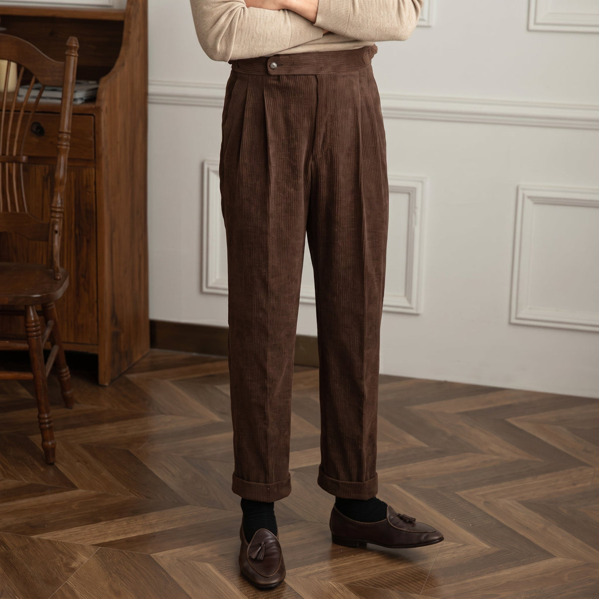 Charlie - Men's High-Waisted Ribbed Texture Trousers - Trousers - Dark Brown - Parker&Brooks