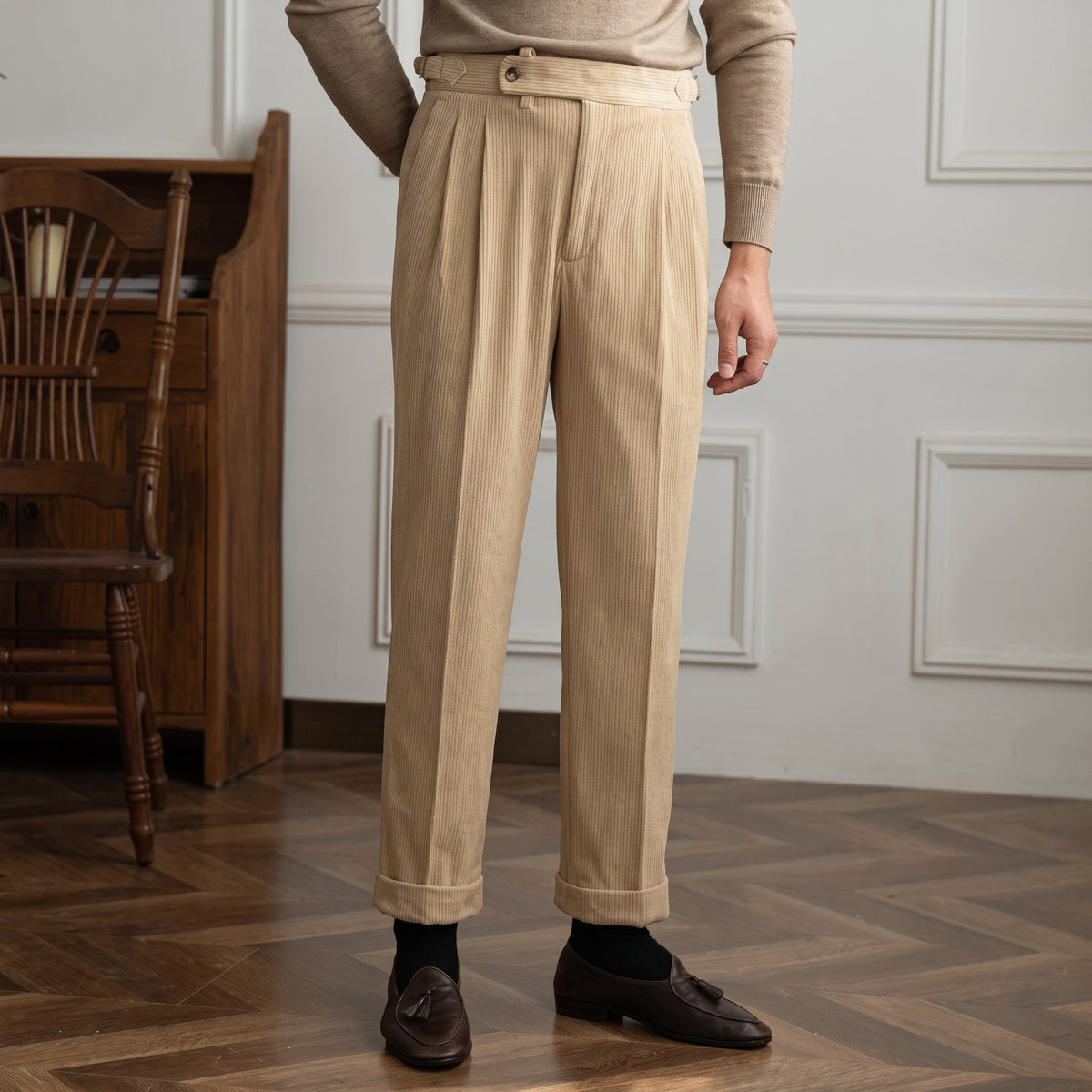 Charlie - Men's High-Waisted Ribbed Texture Trousers - Trousers - Cream - Parker&Brooks