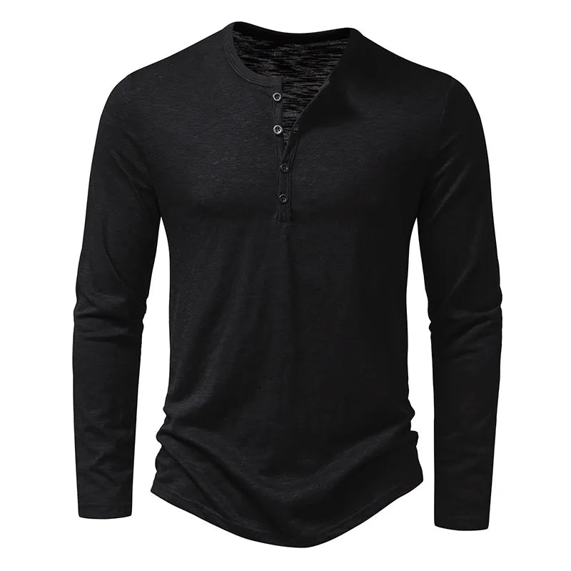 Charlie - Men's Long Sleeve Button-Neck Henley Shirt - Henley Shirts - Black - Parker&Brooks