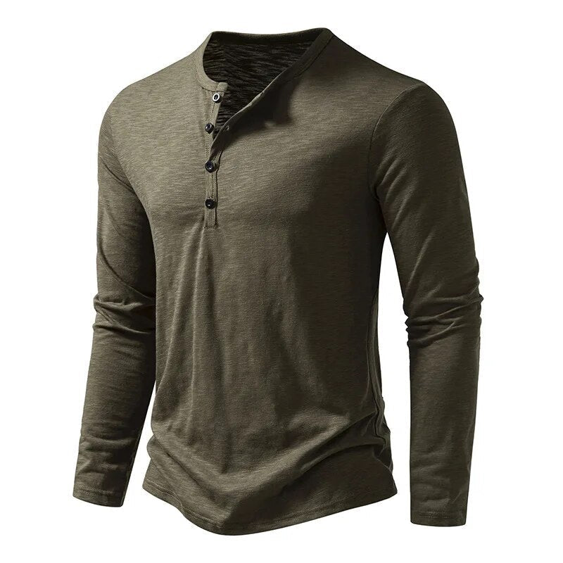 Charlie - Men's Long Sleeve Button-Neck Henley Shirt - Henley Shirts - Army Green - Parker&Brooks