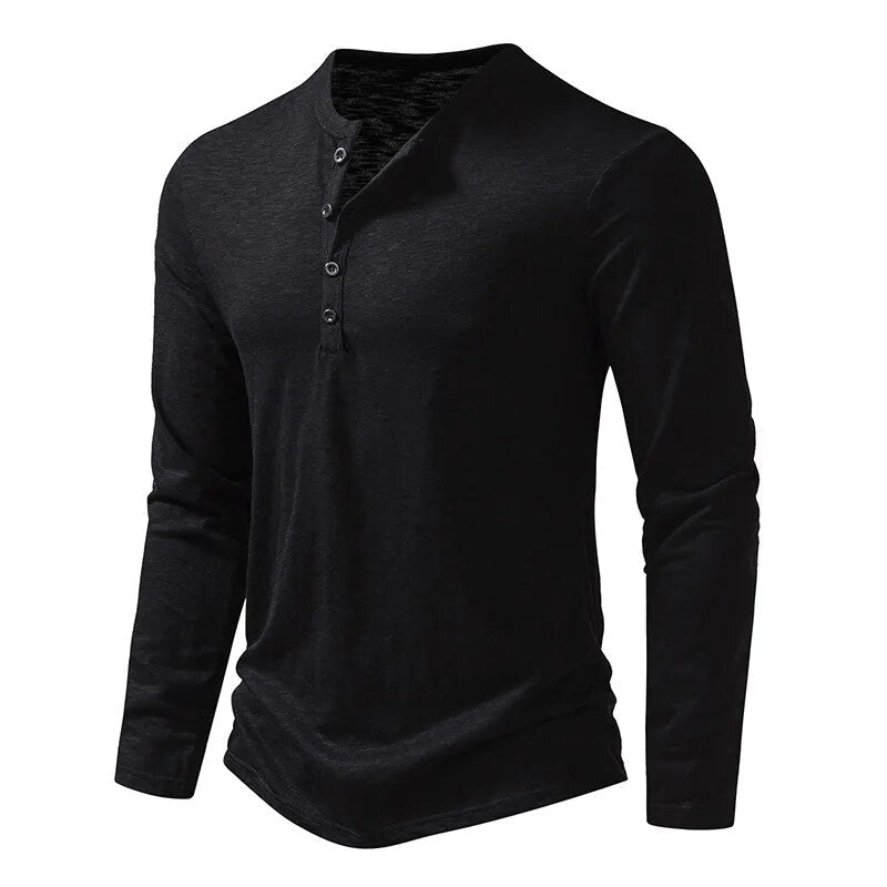 Charlie - Men's Long Sleeve Button-Neck Henley Shirt - Henley Shirts - Black - Parker&Brooks