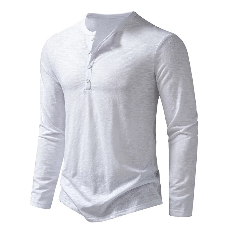 Charlie - Men's Long Sleeve Button-Neck Henley Shirt - Henley Shirts - White - Parker&Brooks