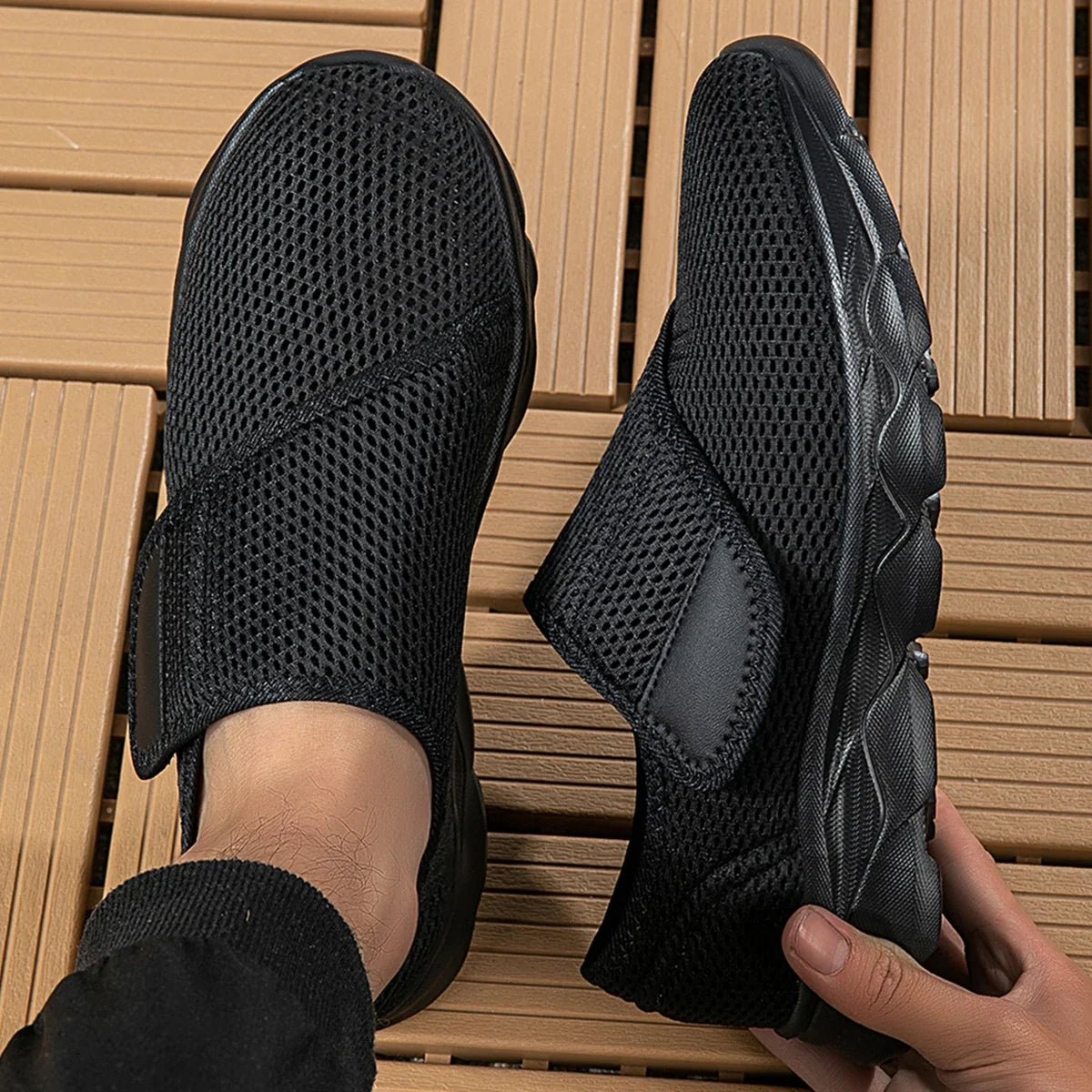 Charlie - Men's Orthopedic Slip-On Sneakers with Adjustable Strap - Sneakers - Black - Parker&Brooks