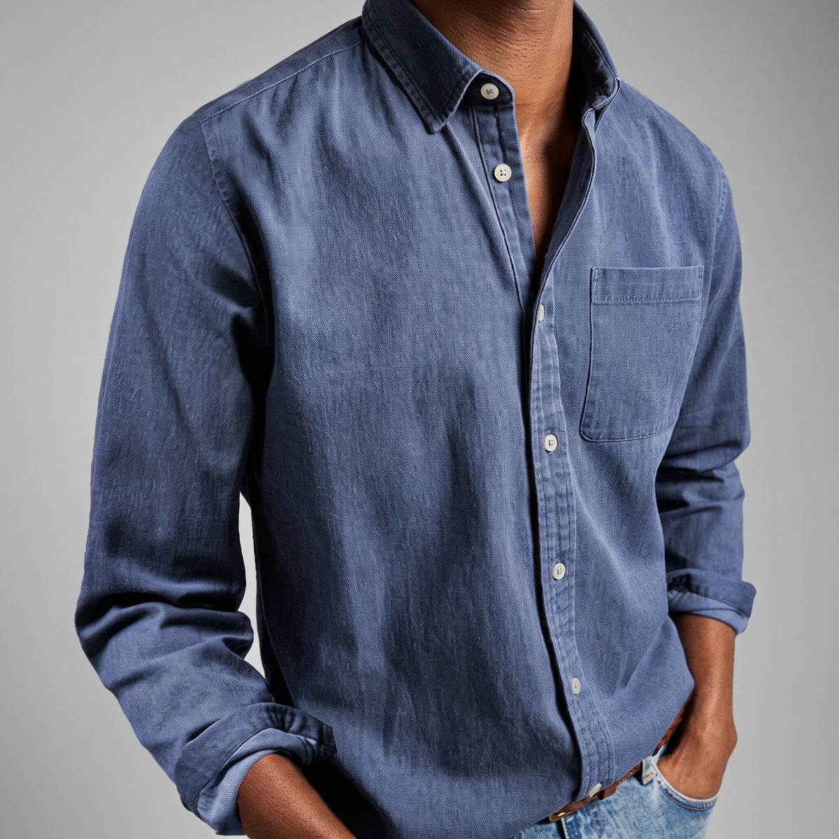 Charlie - Men's Relaxed Fit Button-Down Denim-Look Shirt - Shirts - Dark Blue - Parker&Brooks