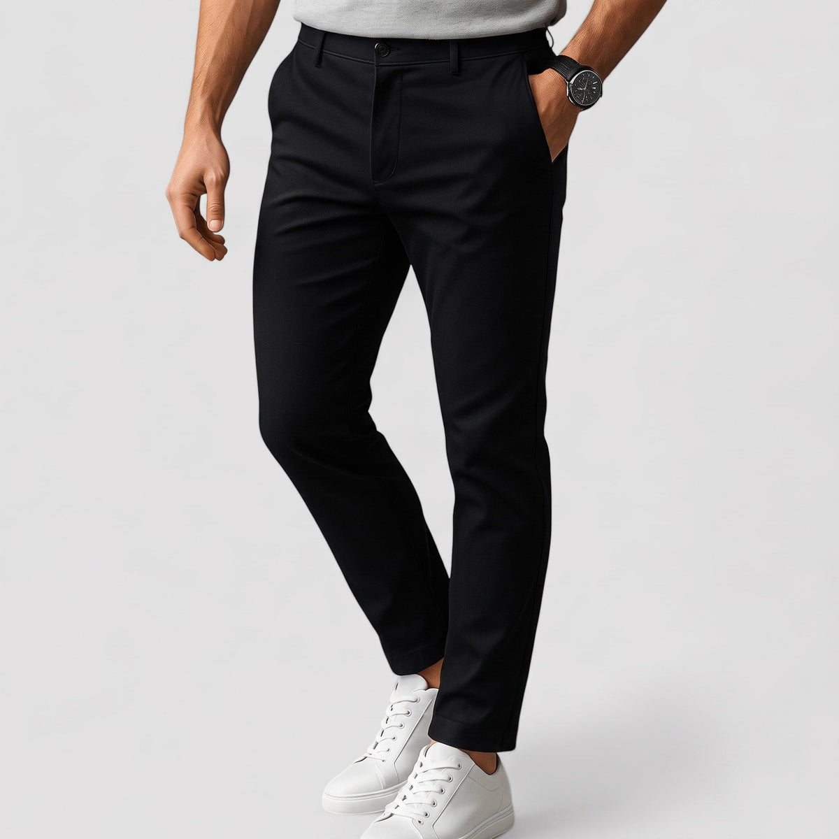 Charlie - Men's Slim Fit Tailored Chino Trousers with Button Closure - Chinos - Black - Sarvento