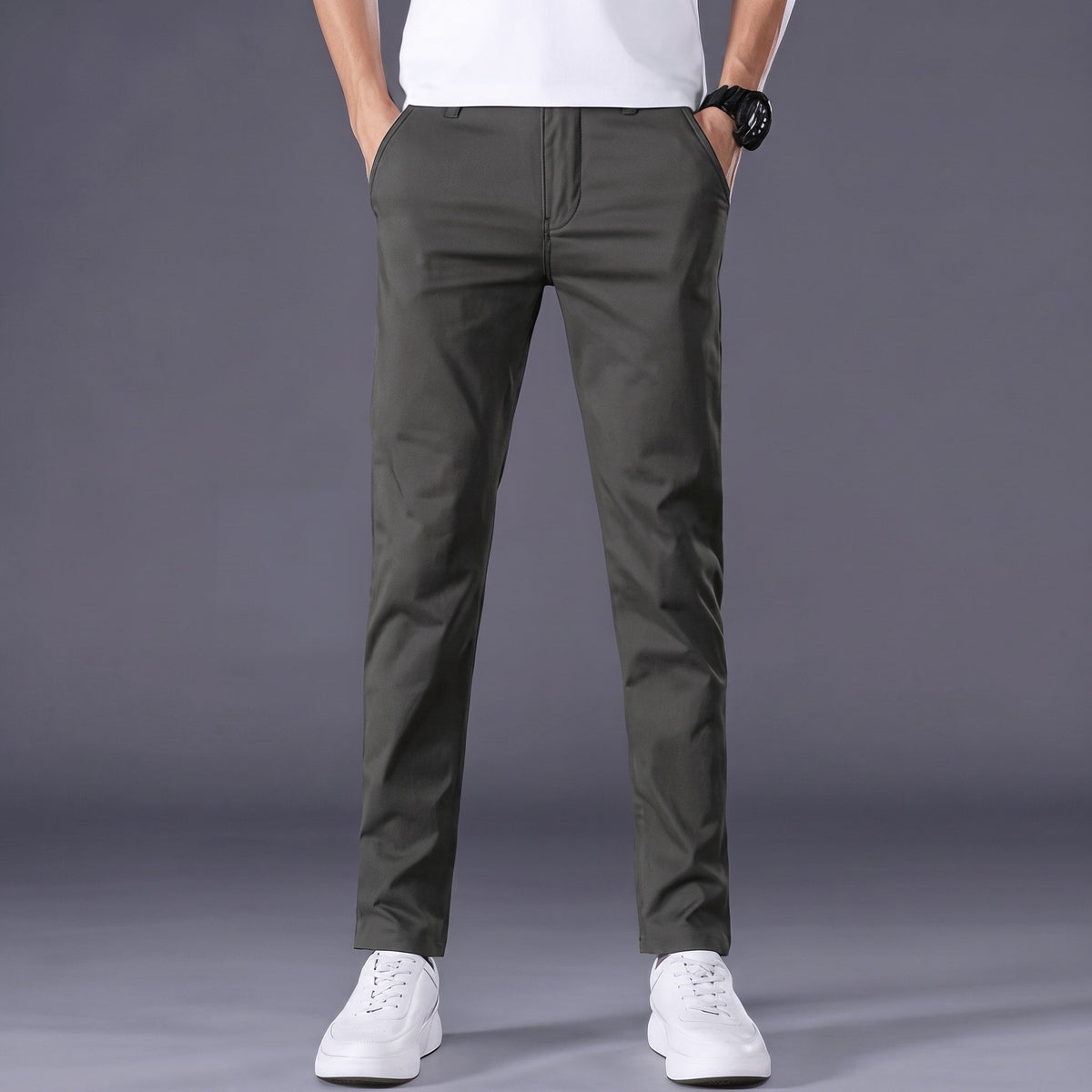 Charlie - Men's Slim Fit Tailored Chino Trousers with Button Closure - Chinos - Olive Green - Sarvento
