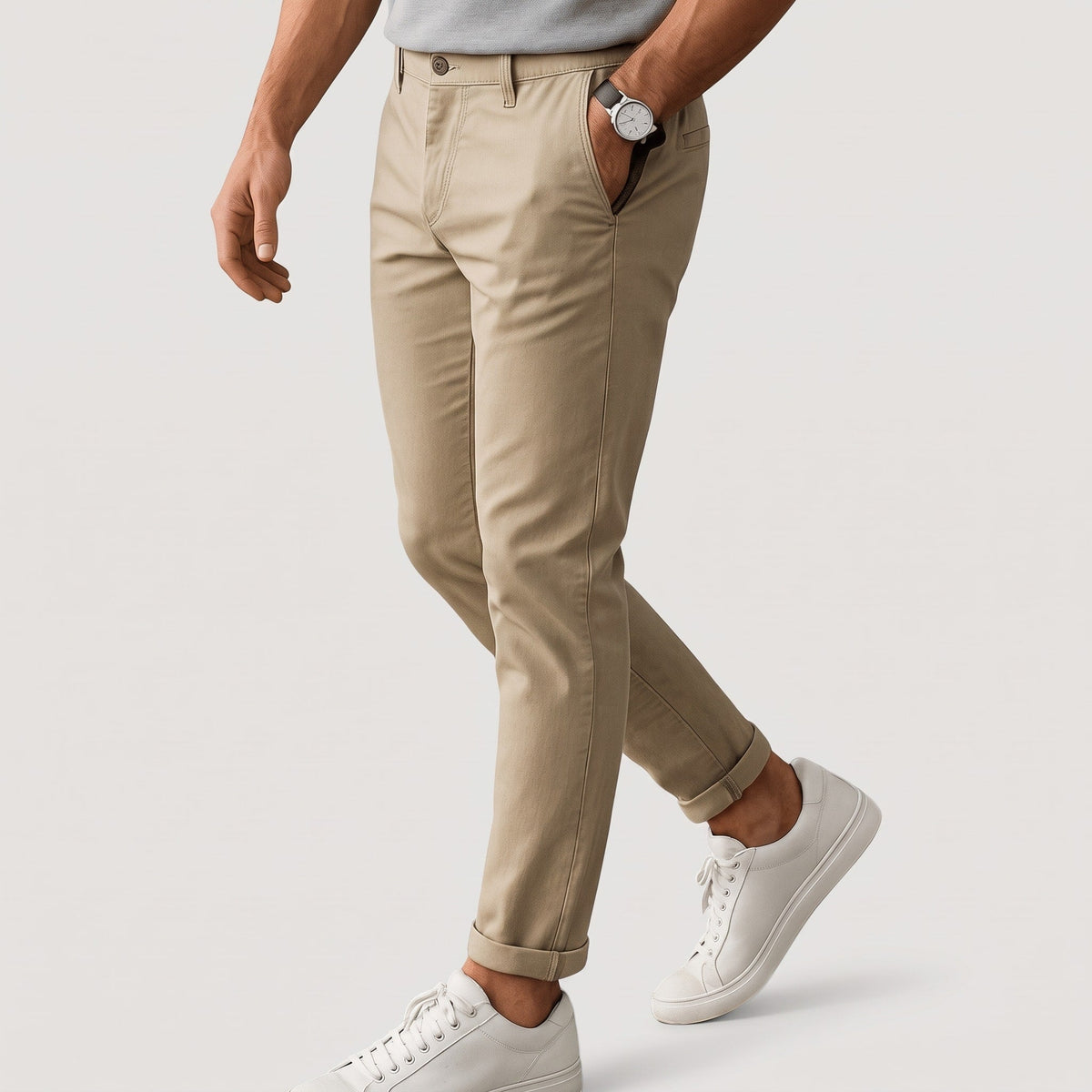 Charlie - Men's Slim Fit Tailored Chino Trousers with Button Closure - Chinos - Beige - Sarvento