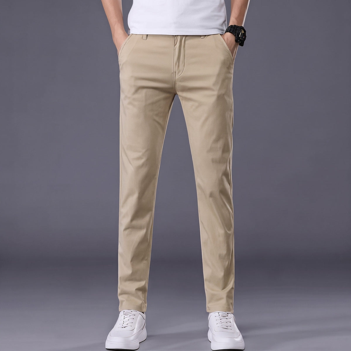 Charlie - Men's Slim Fit Tailored Chino Trousers with Button Closure - Chinos - Beige - Sarvento