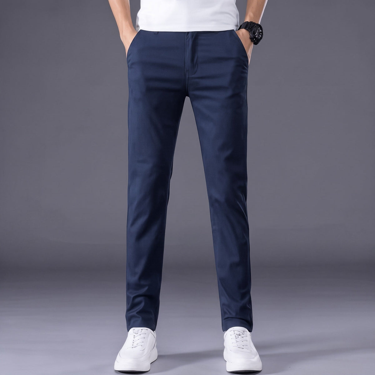 Charlie - Men's Slim Fit Tailored Chino Trousers with Button Closure - Chinos - Navy Blue - Sarvento