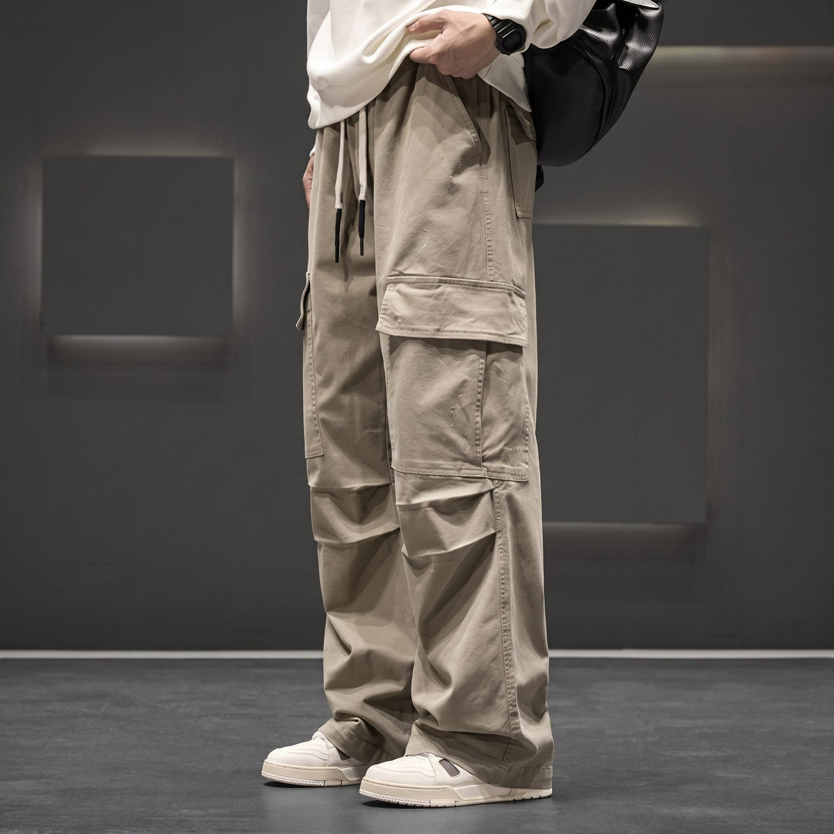 Charlie - Men's Wide-Leg Drawstring Cargo Pants with Multiple Pockets - Cargo Pants - Khaki - Parker&Brooks