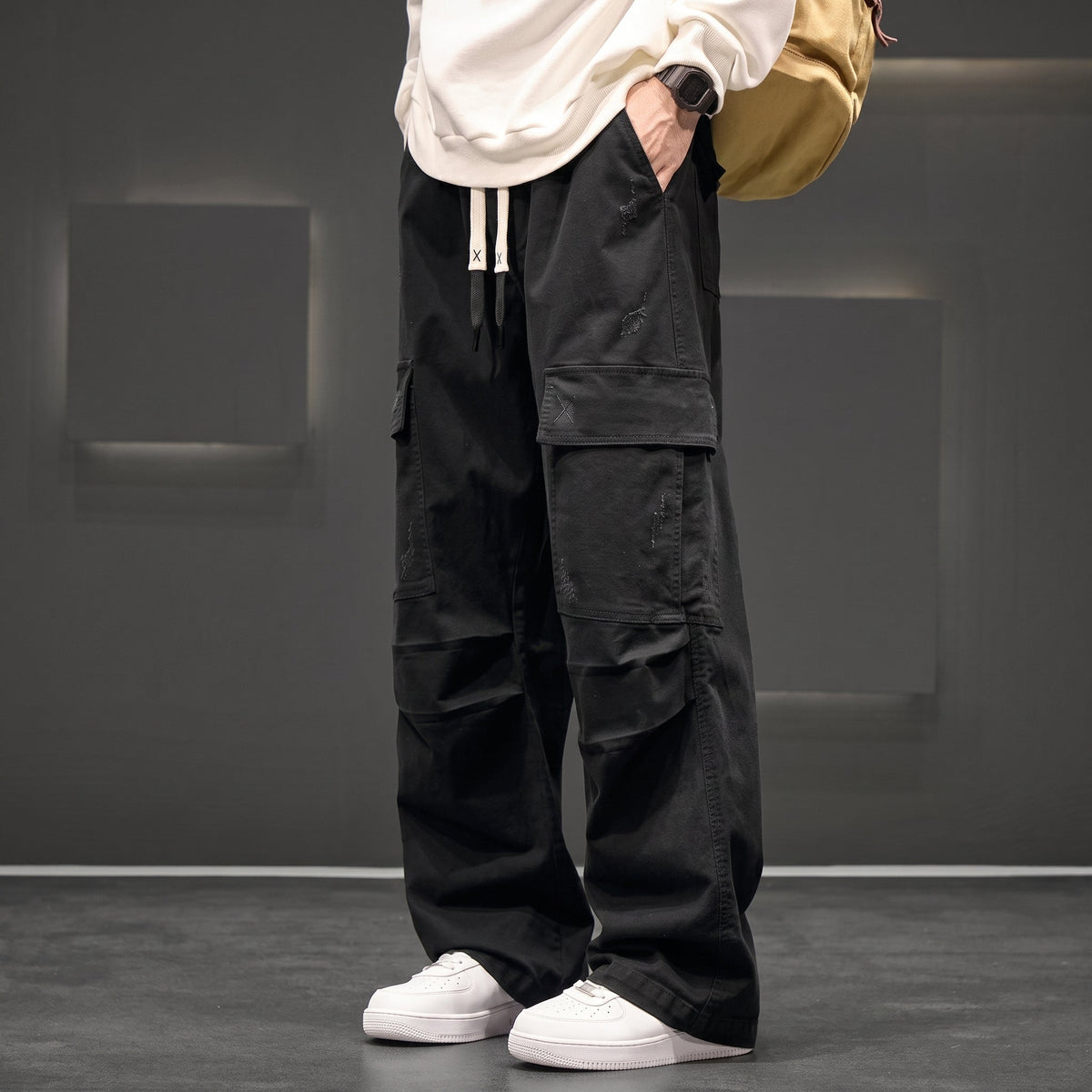 Charlie - Men's Wide-Leg Drawstring Cargo Pants with Multiple Pockets - Cargo Pants - Black - Parker&Brooks