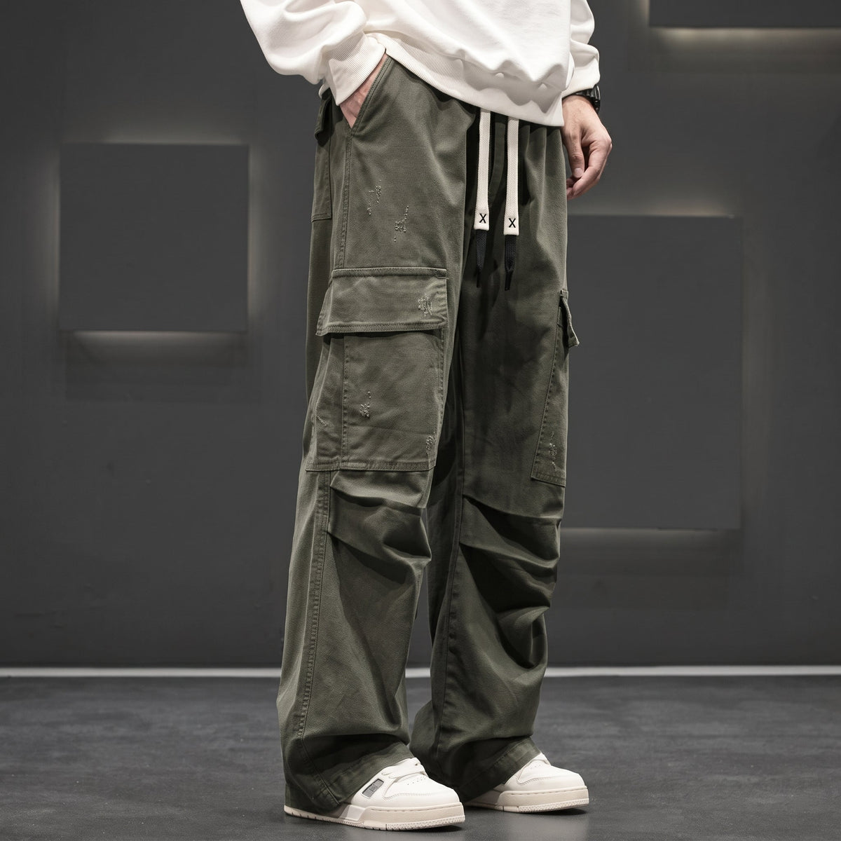 Charlie - Men's Wide-Leg Drawstring Cargo Pants with Multiple Pockets - Cargo Pants - Green - Parker&Brooks