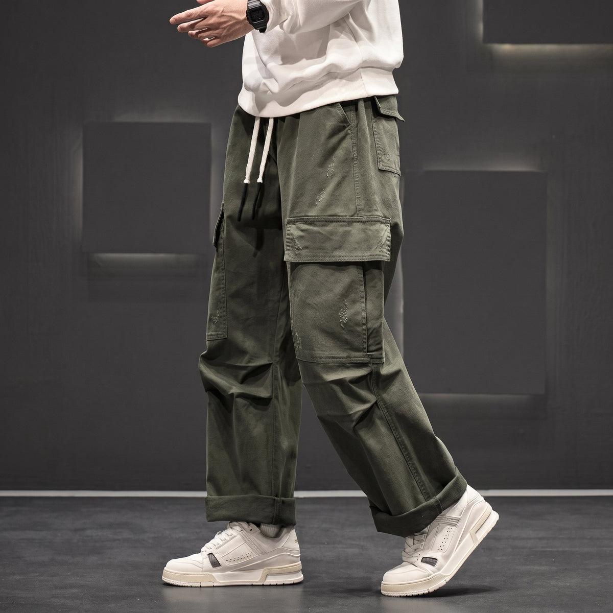 Charlie - Men's Wide-Leg Drawstring Cargo Pants with Multiple Pockets - Cargo Pants - Green - Parker&Brooks