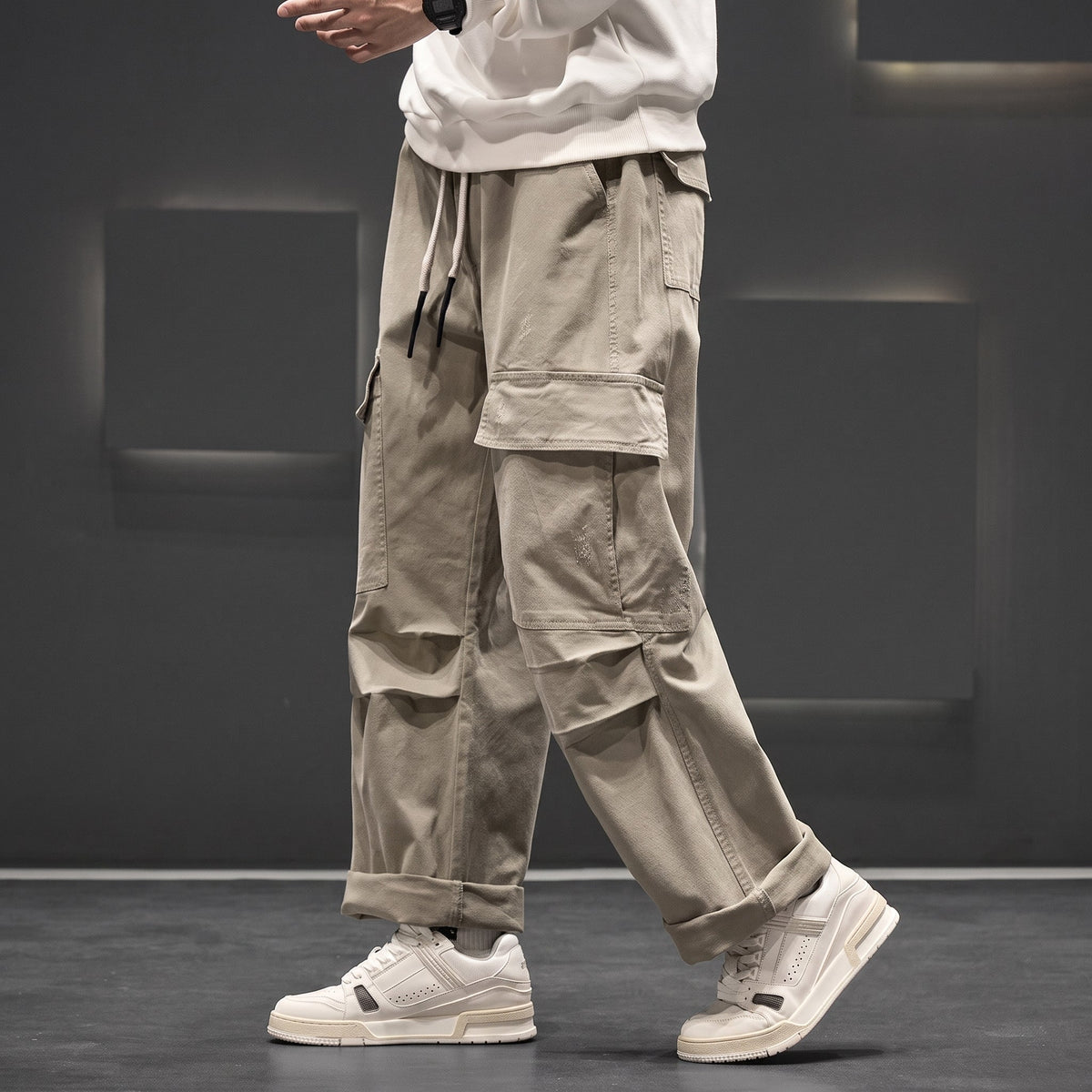 Charlie - Men's Wide-Leg Drawstring Cargo Pants with Multiple Pockets - Cargo Pants - Khaki - Parker&Brooks
