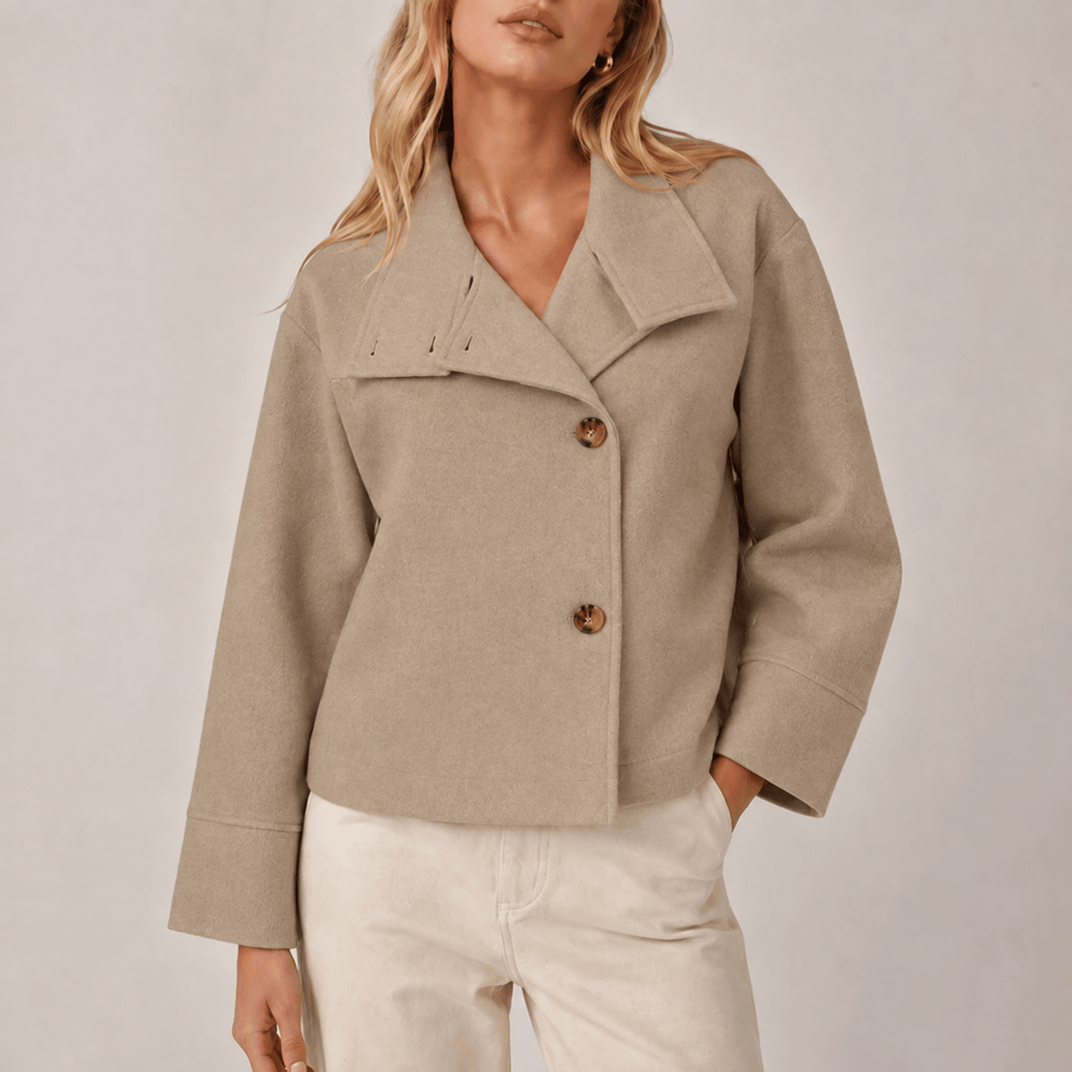 Charlotte - Women's Boxy Cropped Funnel Neck Coat - Overcoats - Beige - Parker&Brooks