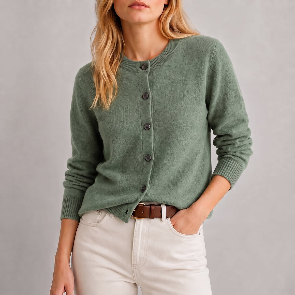 Charlotte - Women's Button-Front Cardigan with Ribbed Trim - Cardigans - Green - Parker&Brooks