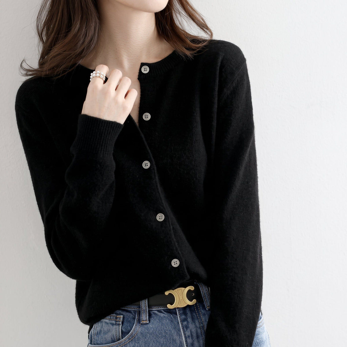 Charlotte - Women's Button-Front Cardigan with Ribbed Trim - Cardigans - Black - Parker&Brooks