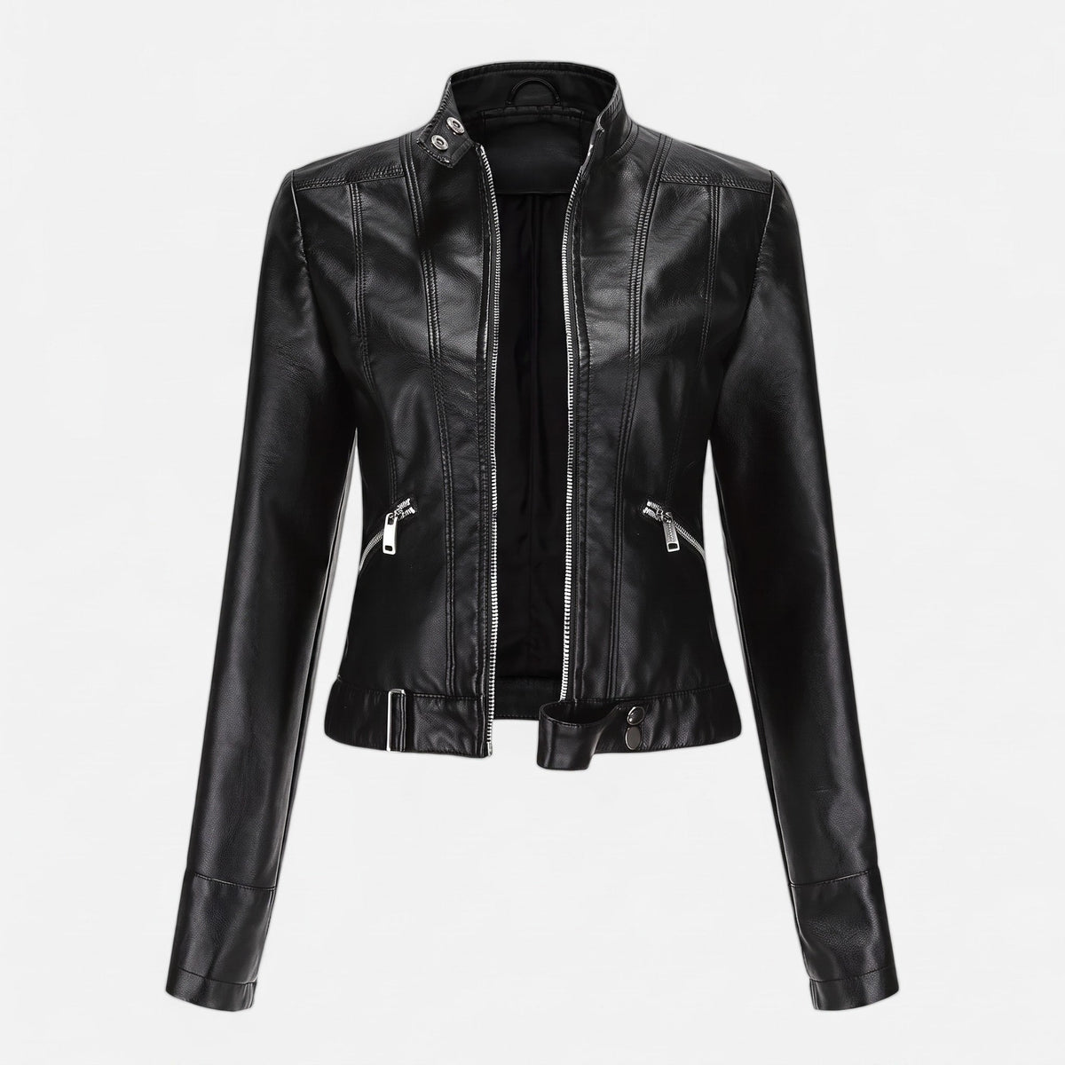 Charlotte - Women's Cropped Moto Jacket with Zip Pockets - Motorcycle Outerwear - Black - Parker&Brooks
