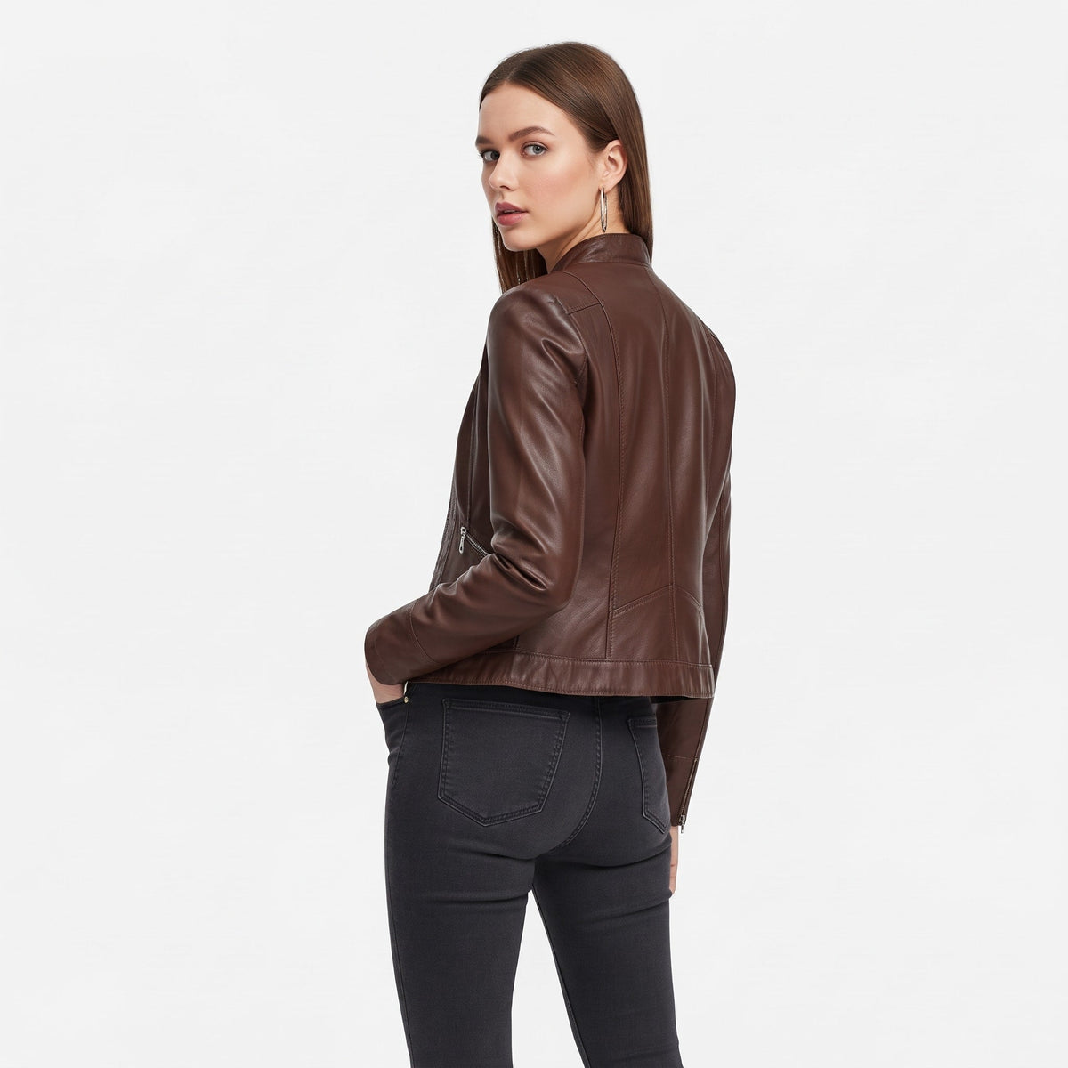 Charlotte - Women's Cropped Moto Jacket with Zip Pockets - Motorcycle Outerwear - Brown - Parker&Brooks