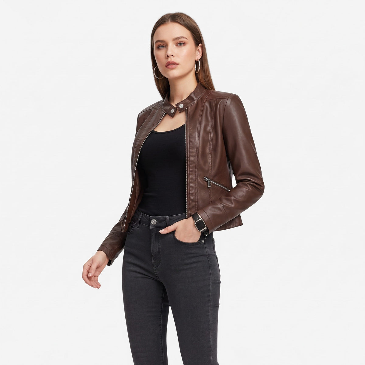 Charlotte - Women's Cropped Moto Jacket with Zip Pockets - Motorcycle Outerwear - Brown - Parker&Brooks