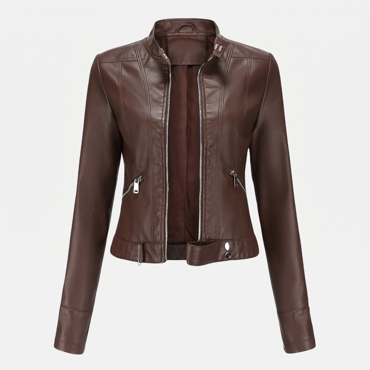 Charlotte - Women's Cropped Moto Jacket with Zip Pockets - Motorcycle Outerwear - Brown - Parker&Brooks