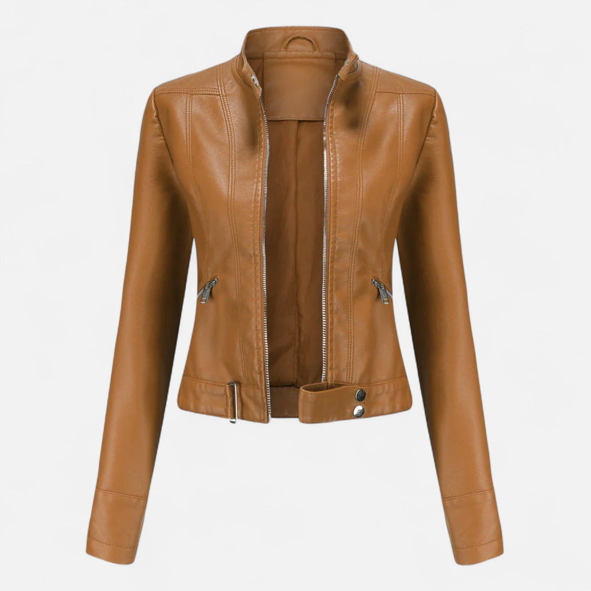 Charlotte - Women's Cropped Moto Jacket with Zip Pockets - Motorcycle Outerwear - Camel - Parker&Brooks