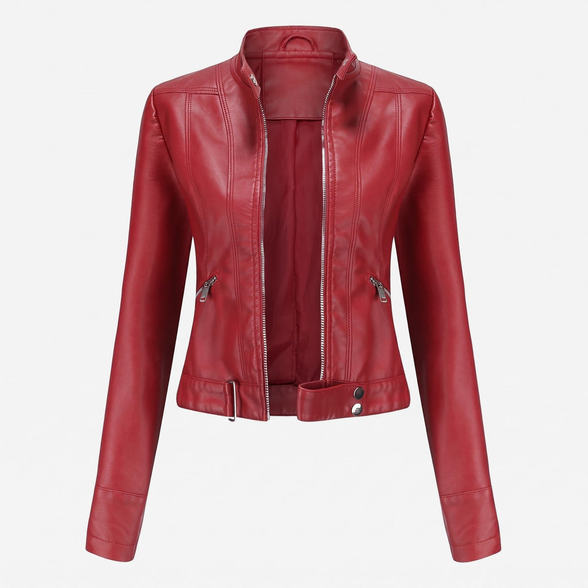 Charlotte - Women's Cropped Moto Jacket with Zip Pockets - Motorcycle Outerwear - Red - Parker&Brooks