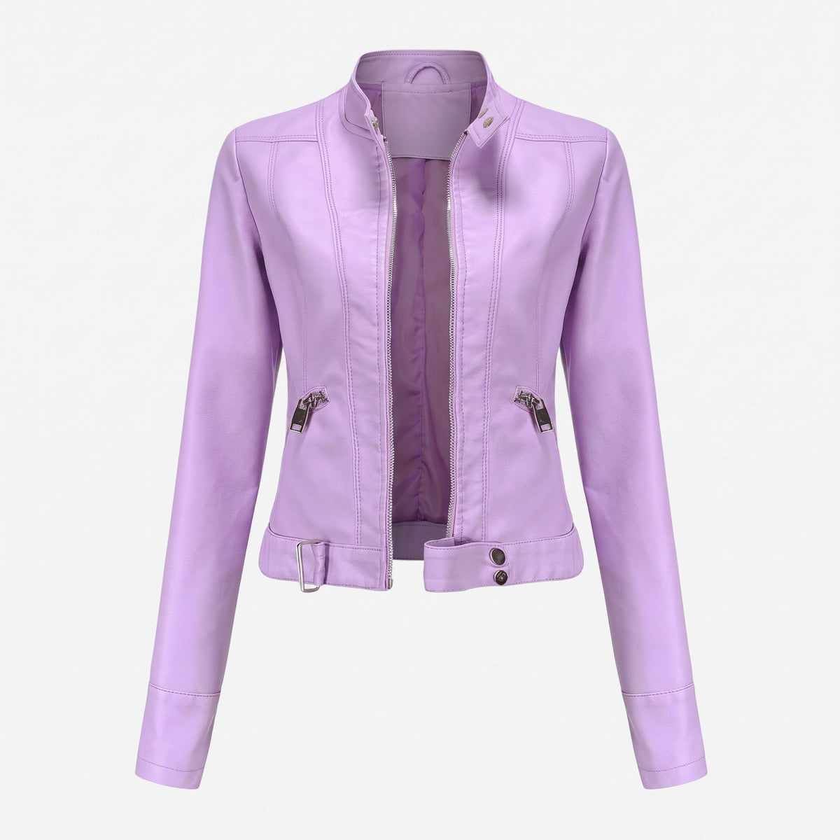 Charlotte - Women's Cropped Moto Jacket with Zip Pockets - Motorcycle Outerwear - Purple - Parker&Brooks