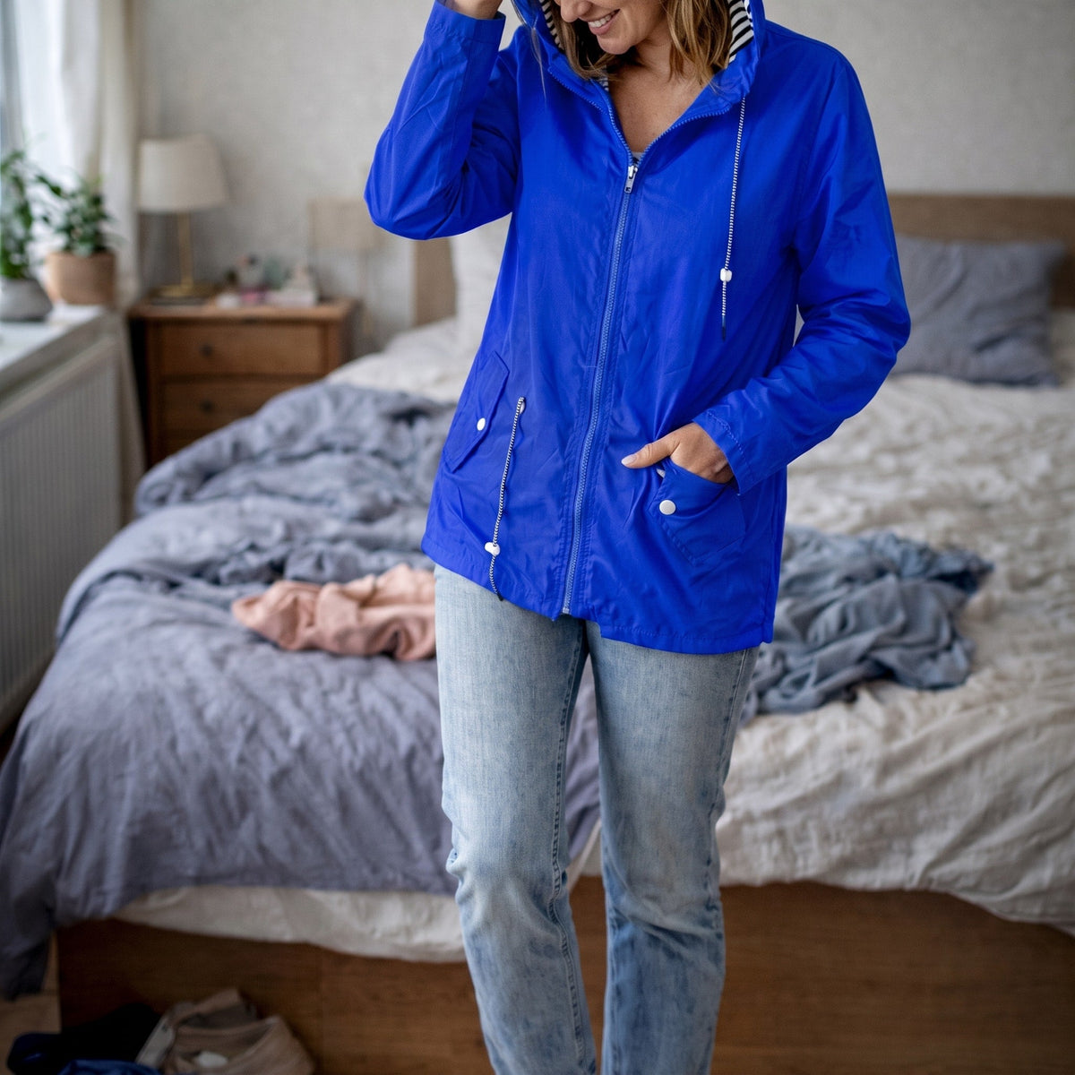 Charlotte - Women's Hooded Longline Transitional Rain Jacket - Rain Coat - Blue - Parker&Brooks