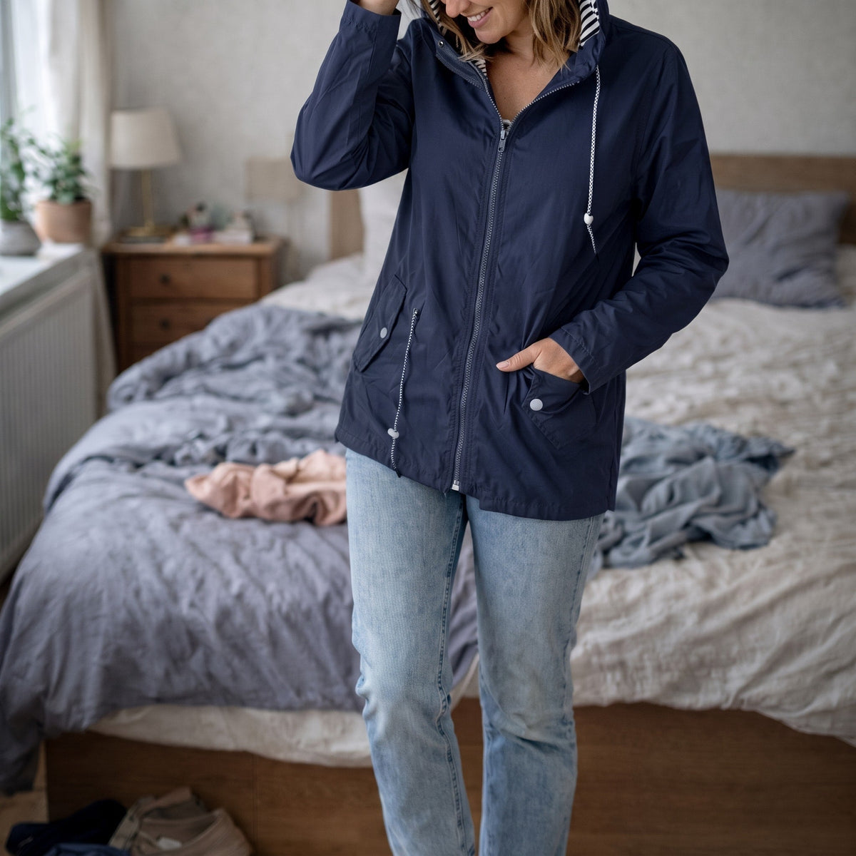 Charlotte - Women's Hooded Longline Transitional Rain Jacket - Rain Coat - Navy Blue - Parker&Brooks