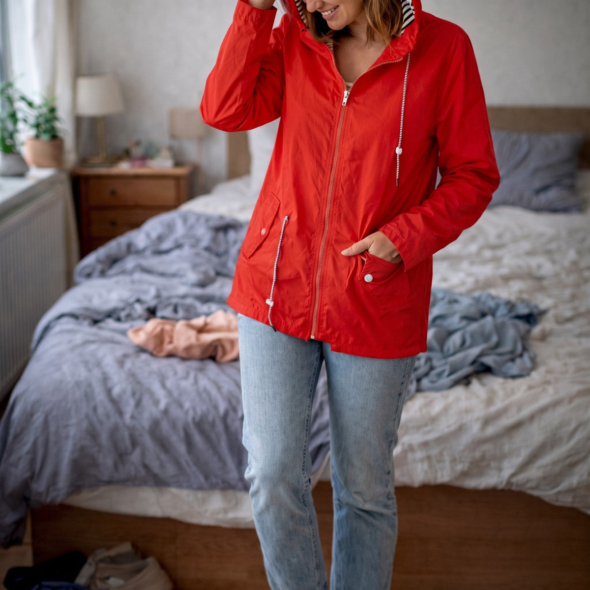 Charlotte - Women's Hooded Longline Transitional Rain Jacket - Rain Coat - Red - Parker&Brooks