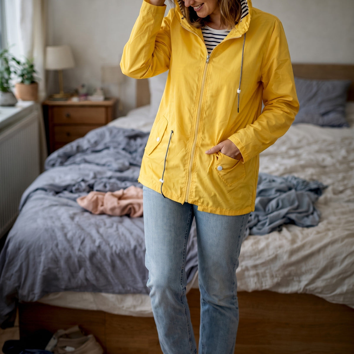 Charlotte - Women's Hooded Longline Transitional Rain Jacket - Rain Coat - Yellow - Parker&Brooks