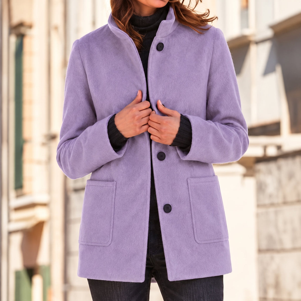 Charlotte - Women's Longline Wool-Look Coat with Stand Collar - Overcoats - Purple - Parker&Brooks