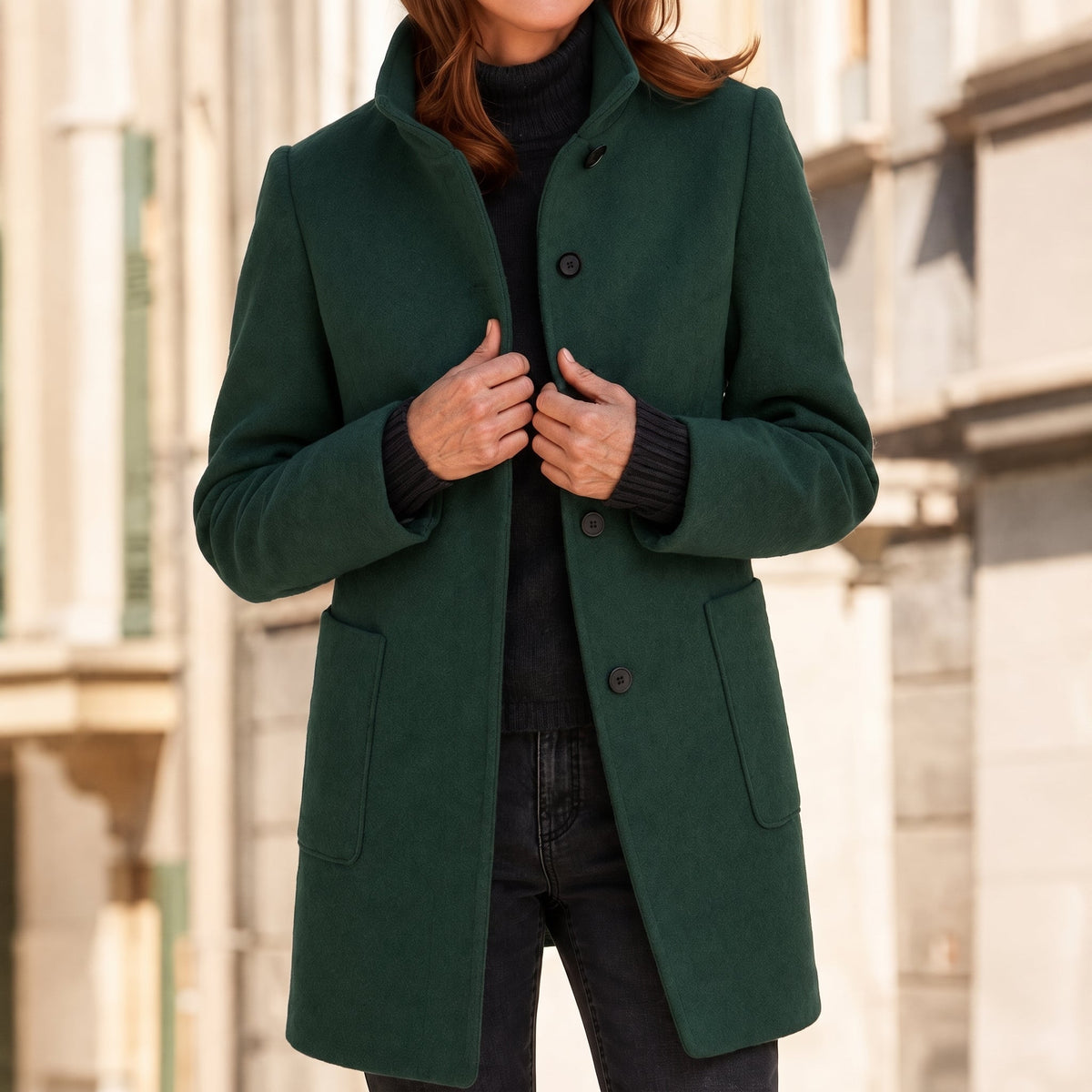Charlotte - Women's Longline Wool-Look Coat with Stand Collar - Overcoats - Green - Parker&Brooks