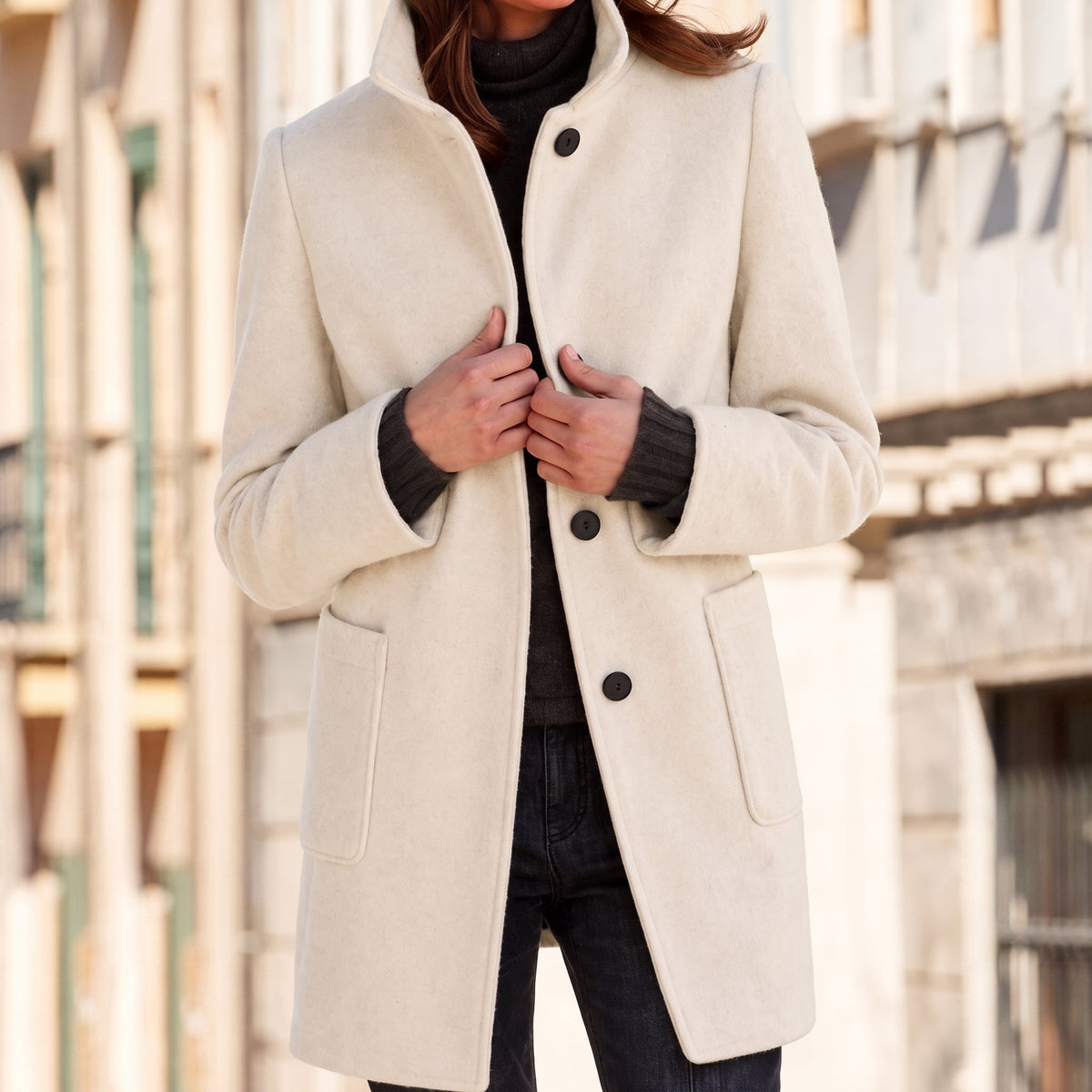 Charlotte - Women's Longline Wool-Look Coat with Stand Collar - Overcoats - Beige - Parker&Brooks