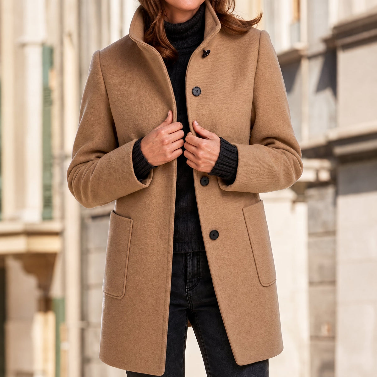 Charlotte - Women's Longline Wool-Look Coat with Stand Collar - Overcoats - Brown - Parker&Brooks