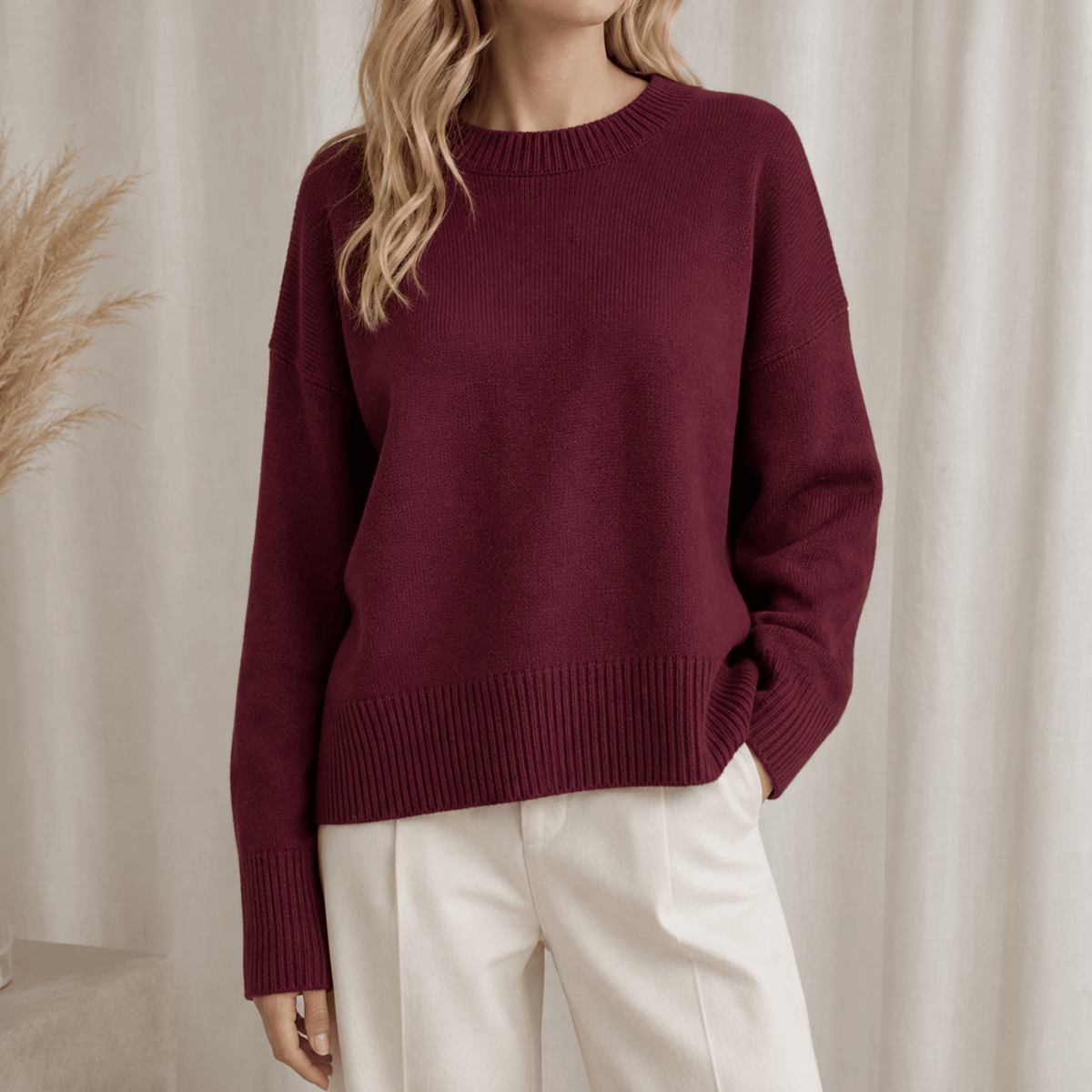 Charlotte - Women's Oversized Crewneck Sweater with Ribbed Cuffs - Sweaters - Dark Red - Parker&Brooks