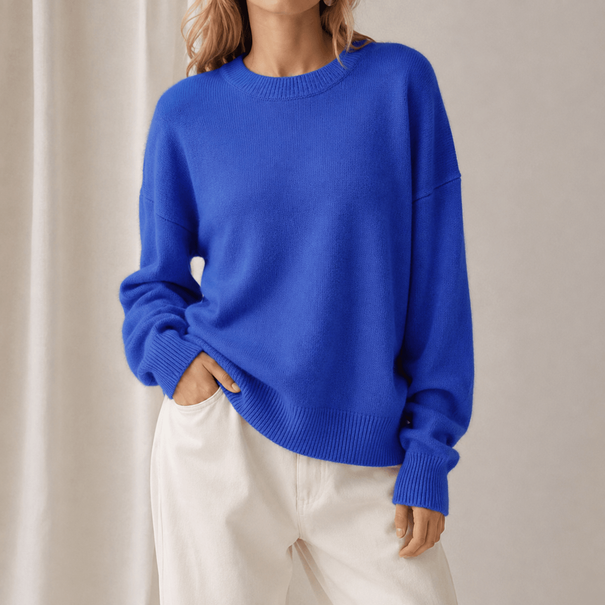 Charlotte - Women's Oversized Crewneck Sweater with Ribbed Cuffs - Sweaters - Blue - Parker&Brooks